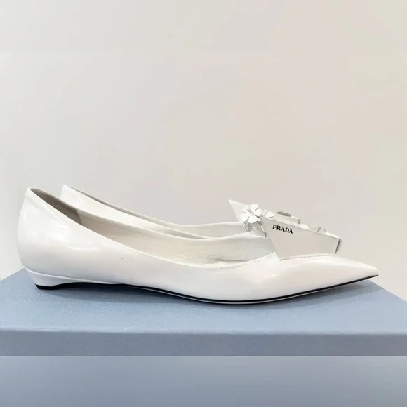 PRADA White Floral Embellished leather ballet flats